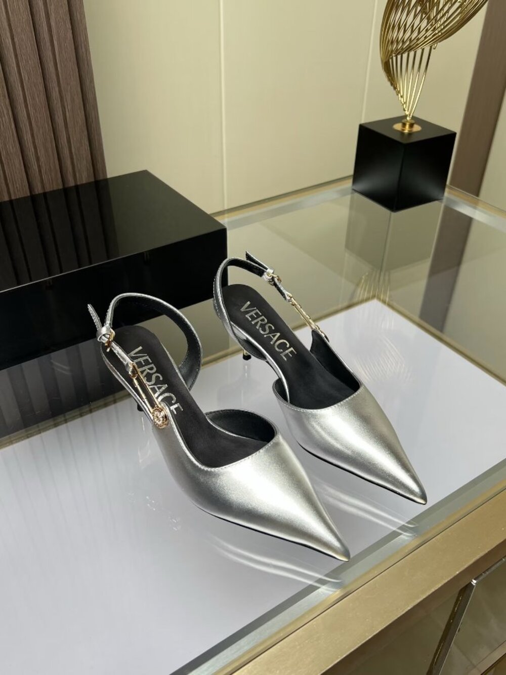VERSACE silver pointed toe back stiletto sandals